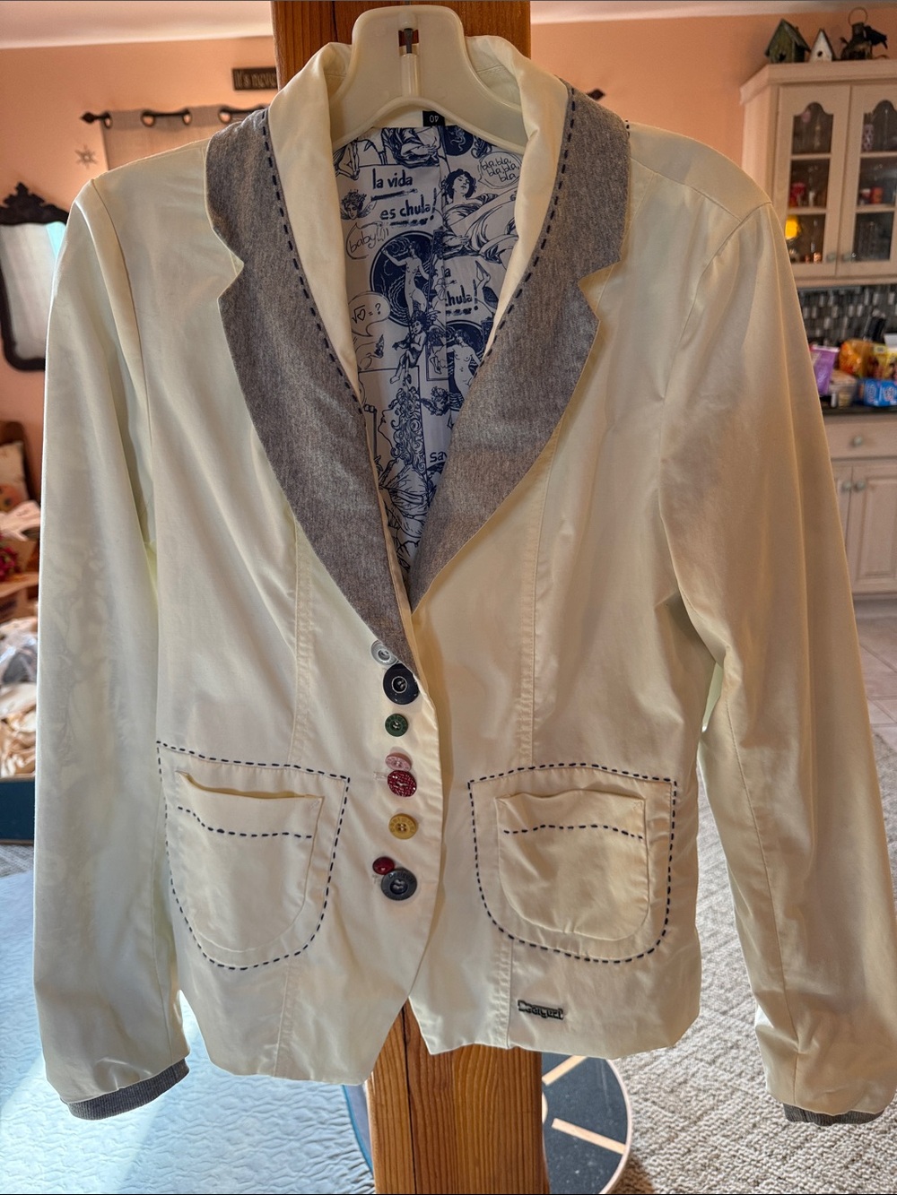 Desigual Cream Blazer with Gray Contrast Collar and Multicolor Buttons